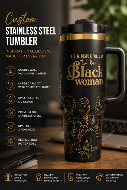 Custom Black Stainless Steel Tumbler with Inspirational Design | Premium Vacuum Insulated Travel Mug for Lifestyle Brands