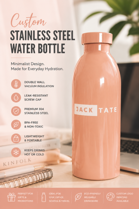 Custom Pink Stainless Steel Water Bottle | Minimalist Vacuum Insulated Drinkware for Modern Lifestyle Brands