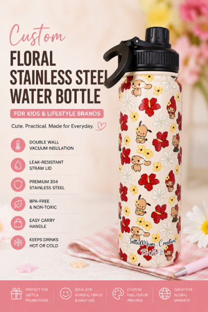 Custom Floral Stainless Steel Water Bottle for Kids & Lifestyle Brands | Cute Insulated Drinkware with Straw Lid