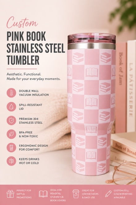Custom Pink Stainless Steel Tumbler with Book Pattern | Aesthetic Insulated Coffee Cup for Readers & Lifestyle Brands