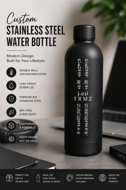 Custom Black Stainless Steel Water Bottle with Modern Symbol Design | Vacuum Insulated Drinkware for Lifestyle & Tech Brands