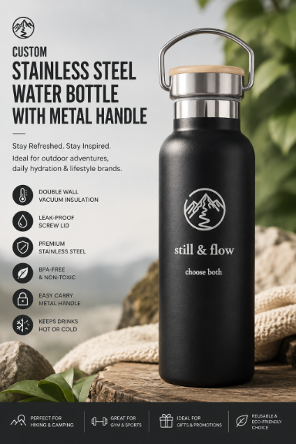 Custom Stainless Steel Water Bottle with Metal Handle | Premium Outdoor & Lifestyle Drinkware for Modern Brands