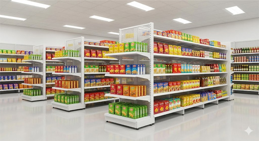 Modern Australian grocery store interior with white gondola shelving and mesh back panels
