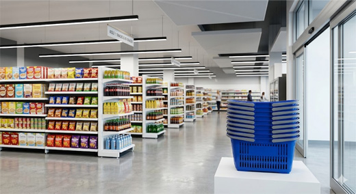 Comparison of 2-wheel and 4-wheel plastic shopping rolling baskets with durable PU wheels in a supermarket