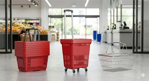 Comparison of plastic hand-held baskets, rolling baskets, and metal wire shopping baskets in a retail store