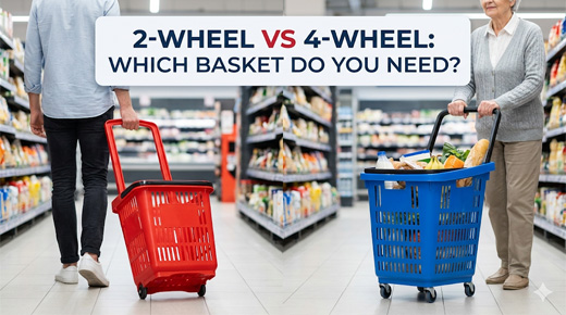 Comparison of 2-wheel pull and 4-wheel push plastic rolling shopping baskets