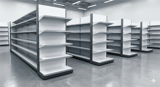 Modern standard supermarket shelves arranged in a bright retail store aisle