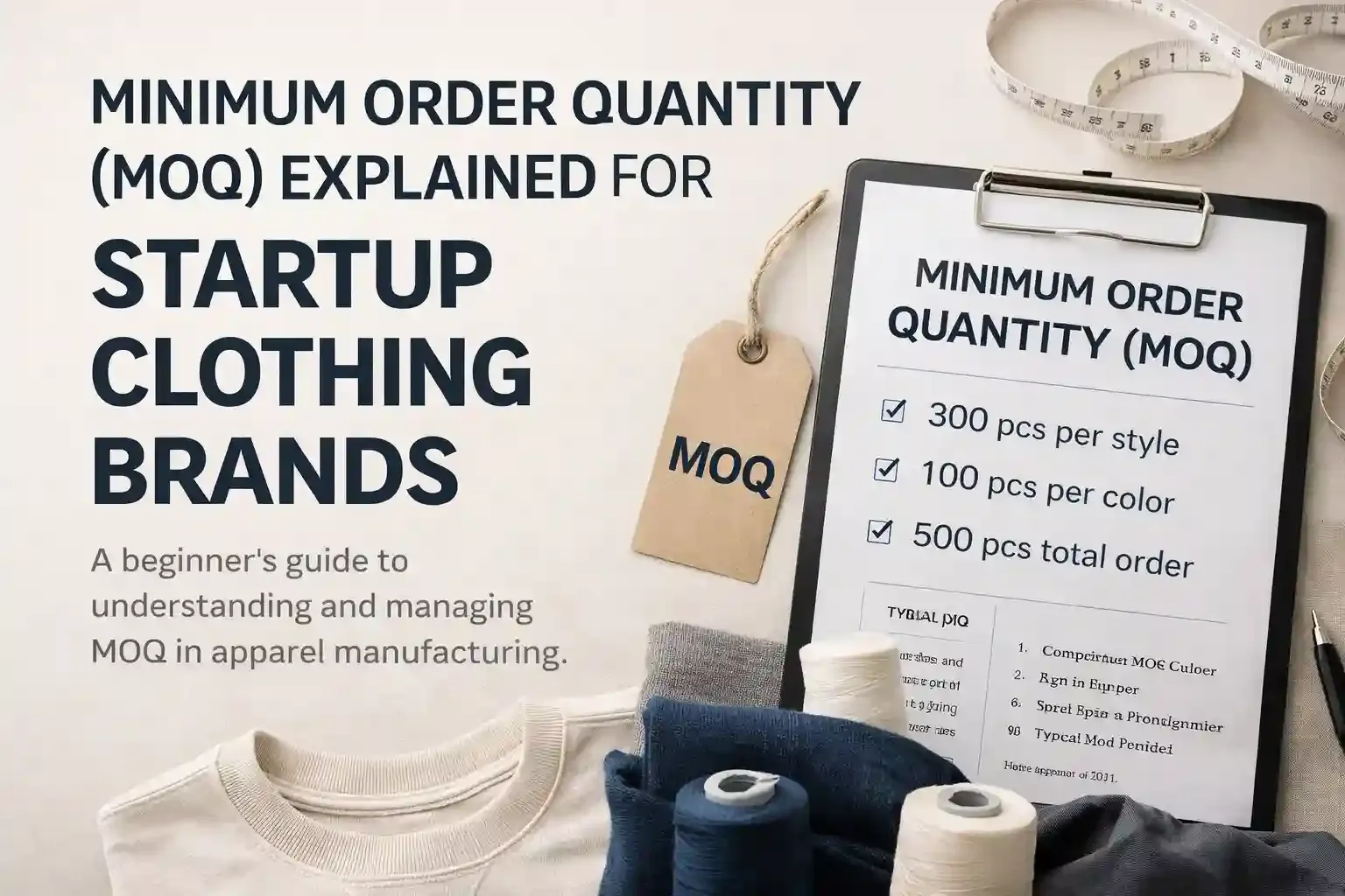 Informative cover image illustrating Minimum Order Quantity (MOQ) for startup clothing brands, featuring fabric swatches, yarn spools, and a checklist of MOQ requirements for style and color.
