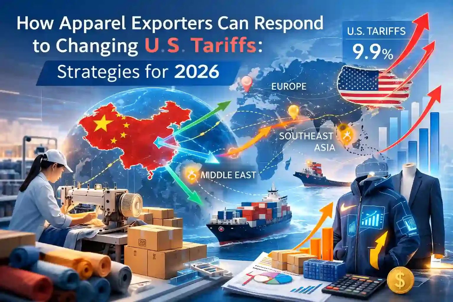 Chinese apparel exporters adapting to U.S. tariffs in 2026, showing cost control, production shifts to Southeast Asia and Middle East, global trade routes, and high-value clothing strategies