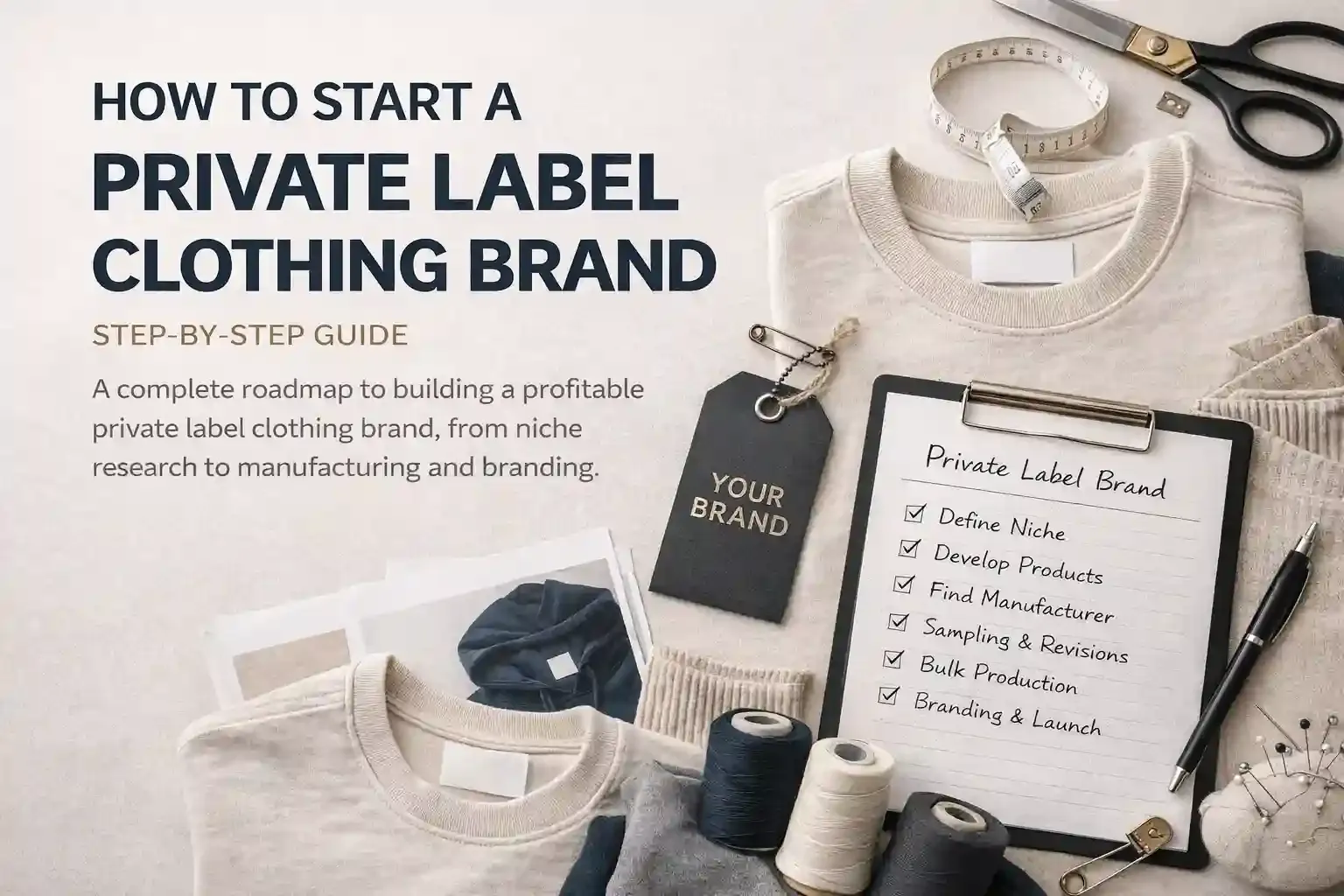 Step-by-step guide for launching a private label clothing brand, featuring key branding materials like a T-shirt with "YOUR BRAND" hangtag, and a checklist for success.