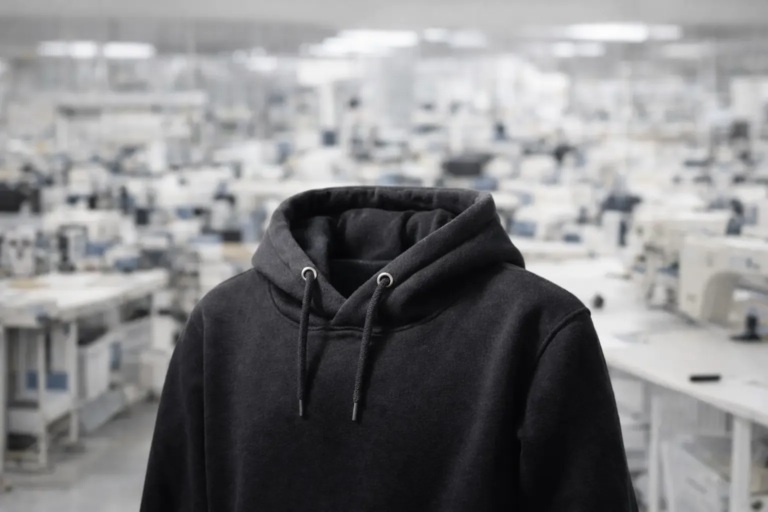 400gsm premium hoodie showing heavy fleece fabric, ribbed cuffs, and hood construction in a professional manufacturing environment