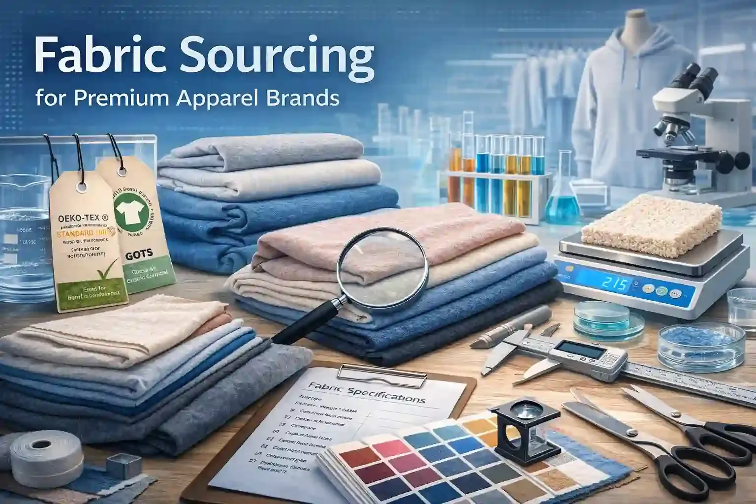 Digital illustration of fabric sourcing for premium apparel brands showing folded fabric rolls, color swatches, hand testing softness, measuring tools, and OEKO-TEX and GOTS certification tags
