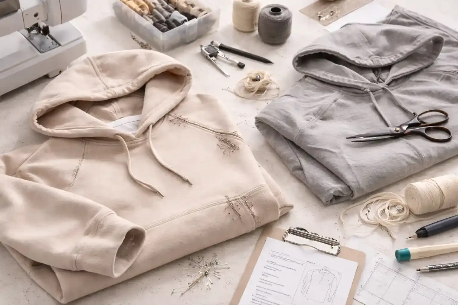 Flat lay of beige and gray hoodies showing common production defects such as uneven stitching, frayed seams, and misaligned drawstrings, with sewing tools on a light-toned workspace
