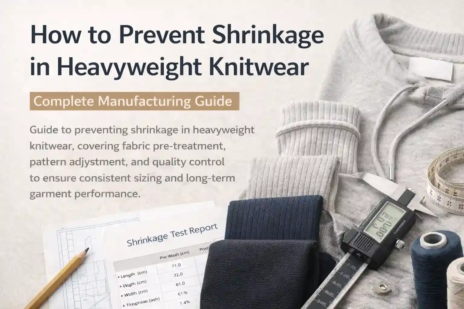 Infographic explaining how to prevent shrinkage in heavyweight knitwear, featuring hoodie rib fabric, measurement tools, and shrinkage test report for quality control.