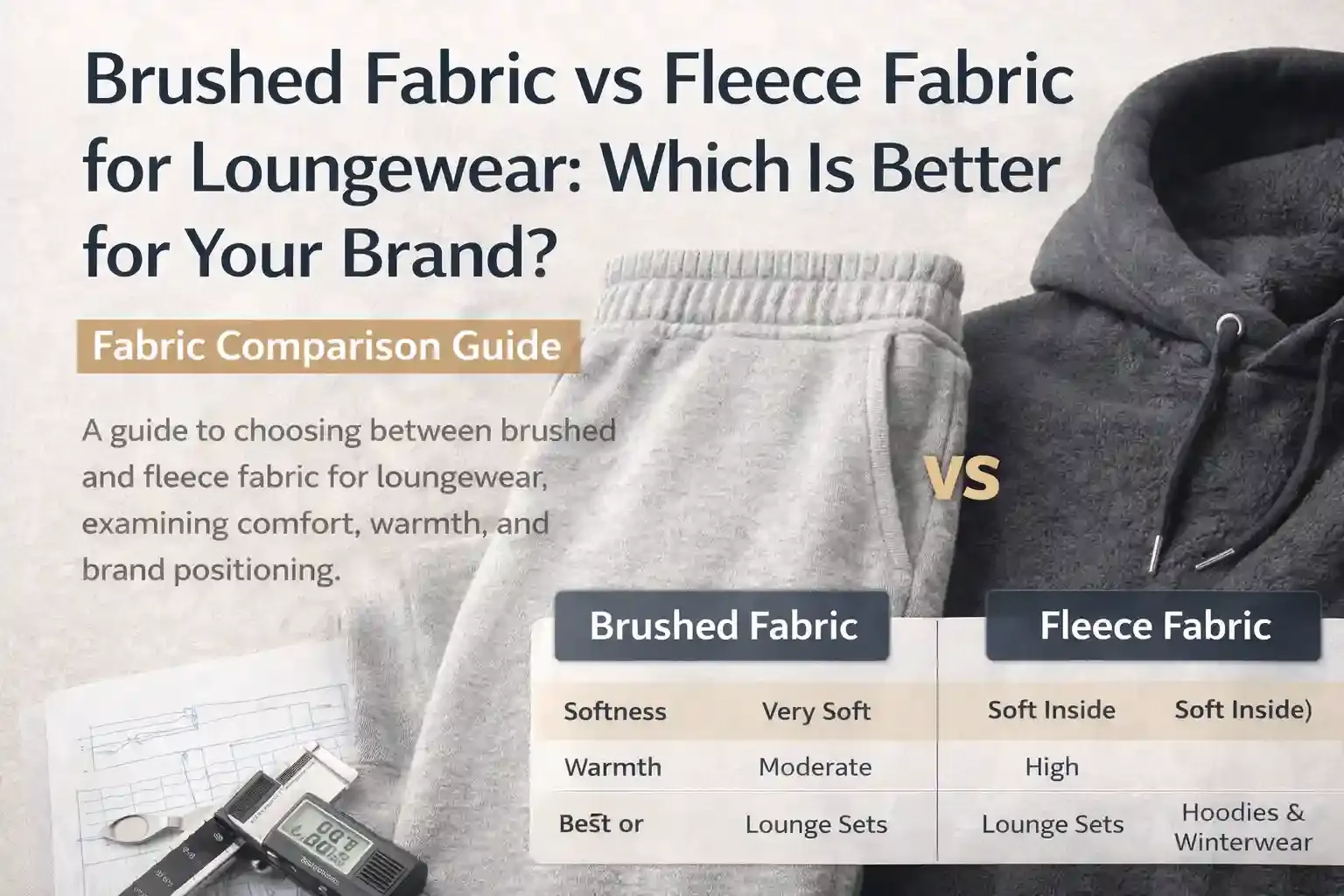 Infographic comparing brushed fabric and fleece fabric for loungewear, highlighting differences in softness, warmth, weight, and ideal use cases for apparel brands.