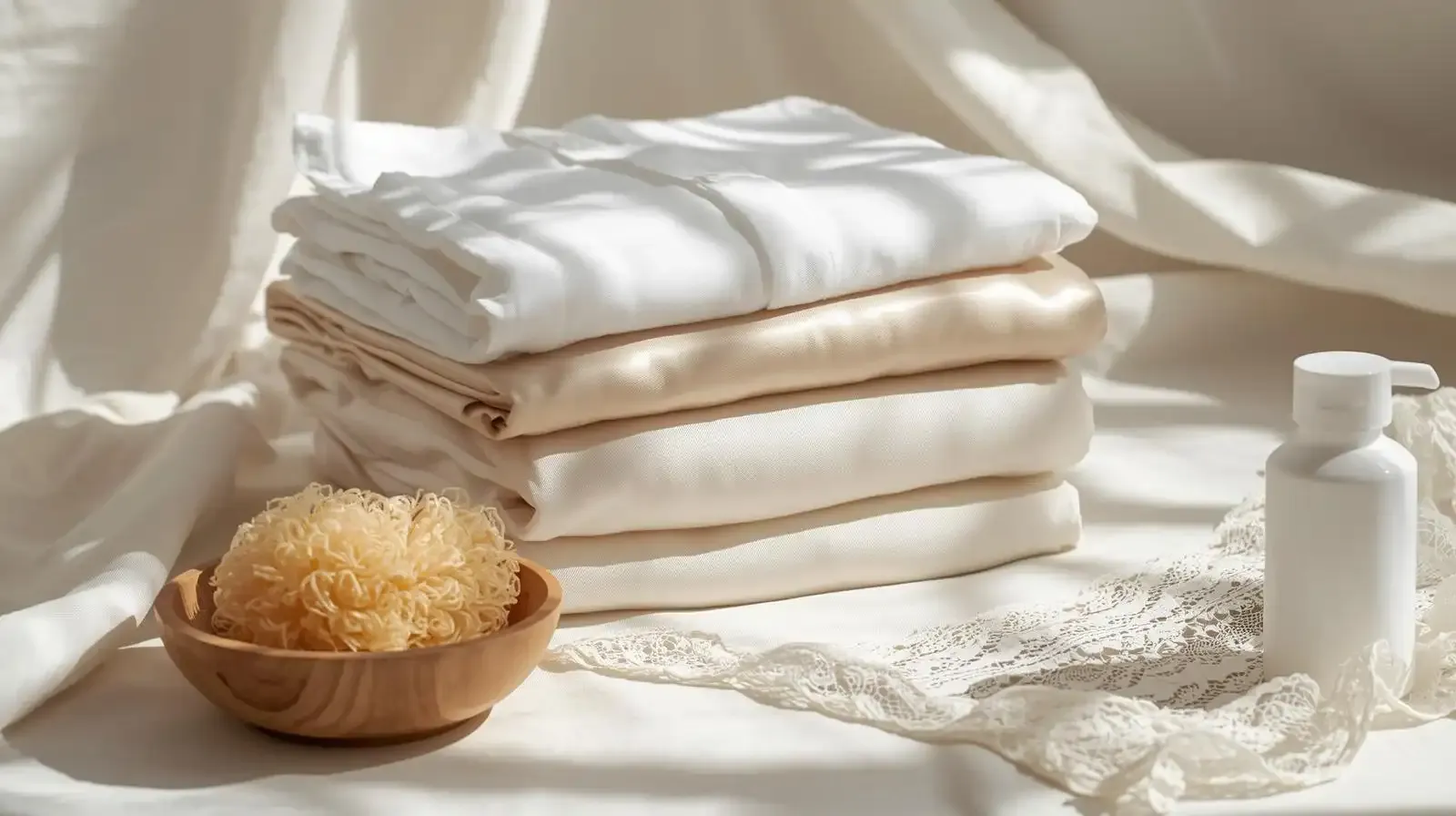 A stack of premium cotton, silk, and lace fabrics next to a gentle detergent, illustrating the ultimate guide to washing methods for different fabrics by SML Intimate.