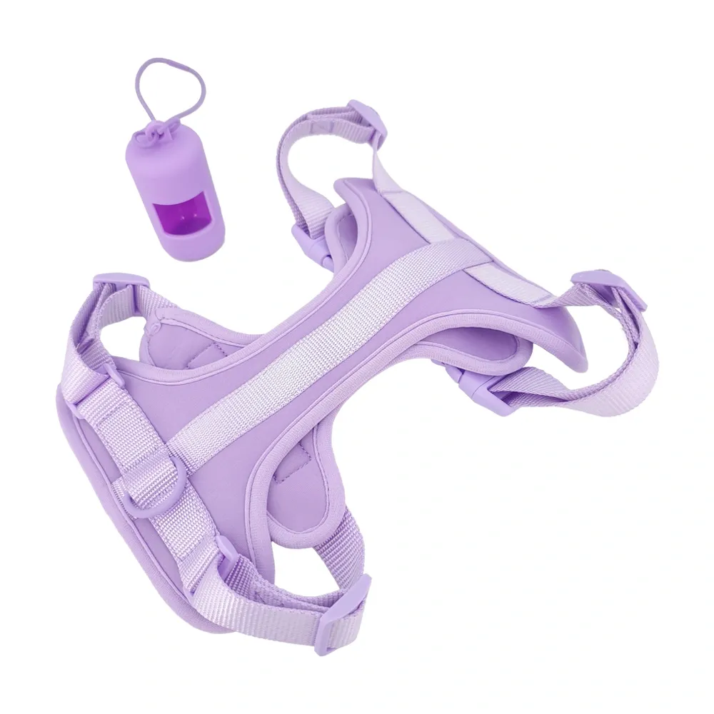 Wholesale custom lavender scuba dog harness with ABS-coated D-ring and rigid poop bag dispenser, OEM pet products factory idopets.