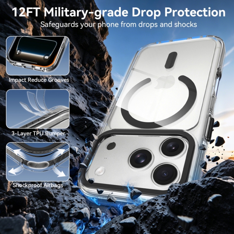 ifunsmart 12FT Drop Clear MagSafe Case for iPhone 17 & Samsung, Metal Buttons & Lens Guard