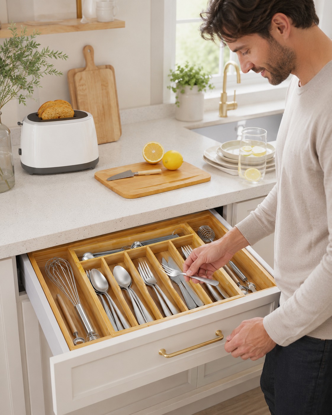 expandable-bamboo-silverware-organizer-kitchen-drawer-man-using
