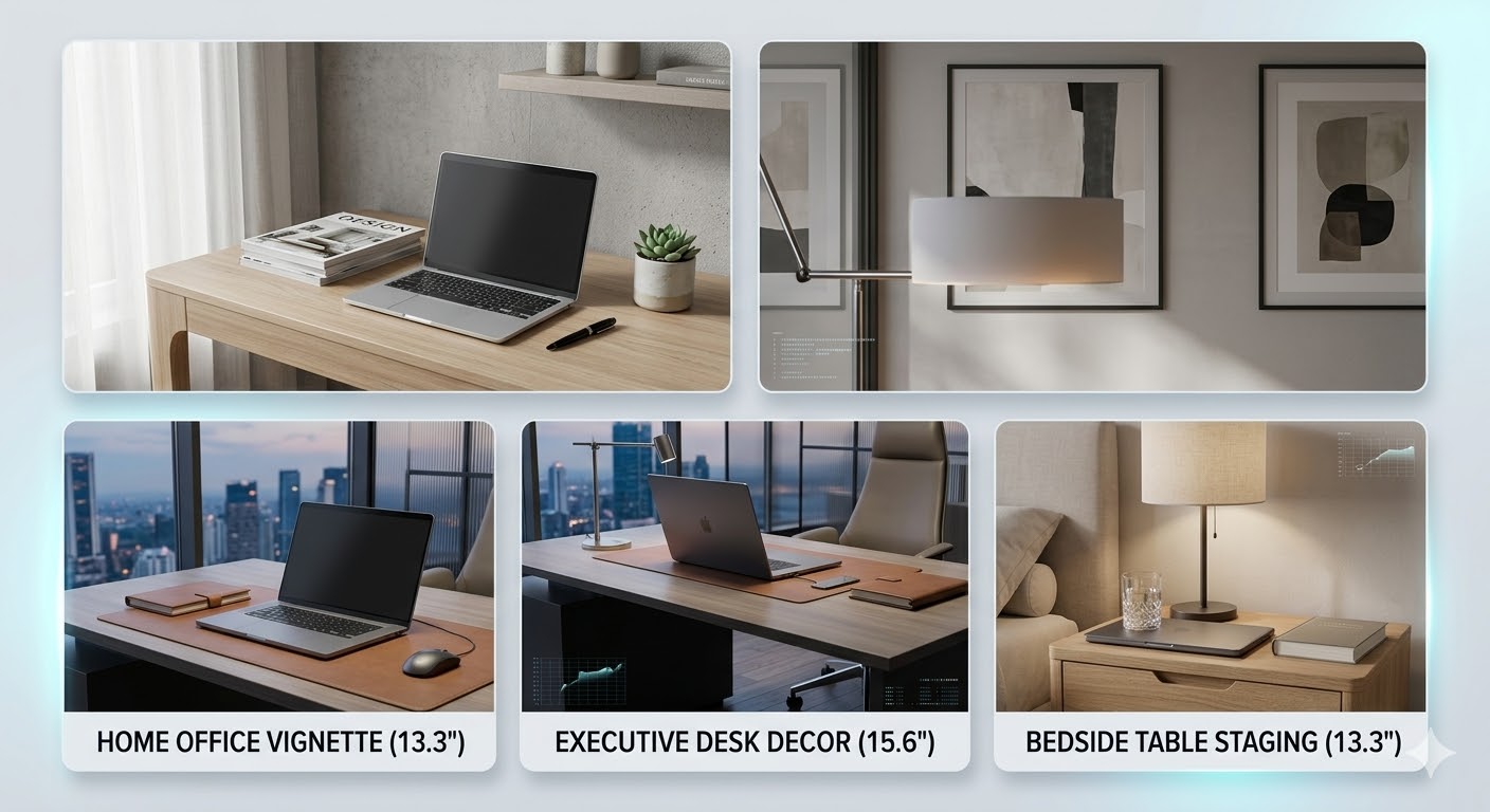 YIJIA Props Dummy Laptop Staging: Home Office Vignette (13.3"), Executive Desk Decor (15.6"), and Bedside Table Staging (13.3") for modern showrooms.