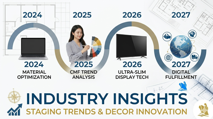 YIJIA Props INDUSTRY INSIGHTS Cover: Staging Trends & Decor Innovation. Featuring future design trends timeline for furniture showrooms and real estate staging.