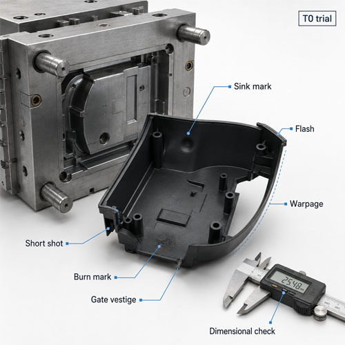 Injection mold T0 trial showing a molded plastic housing with sink mark, flash, warpage, short shot, burn mark, gate vestige and dimensional check.