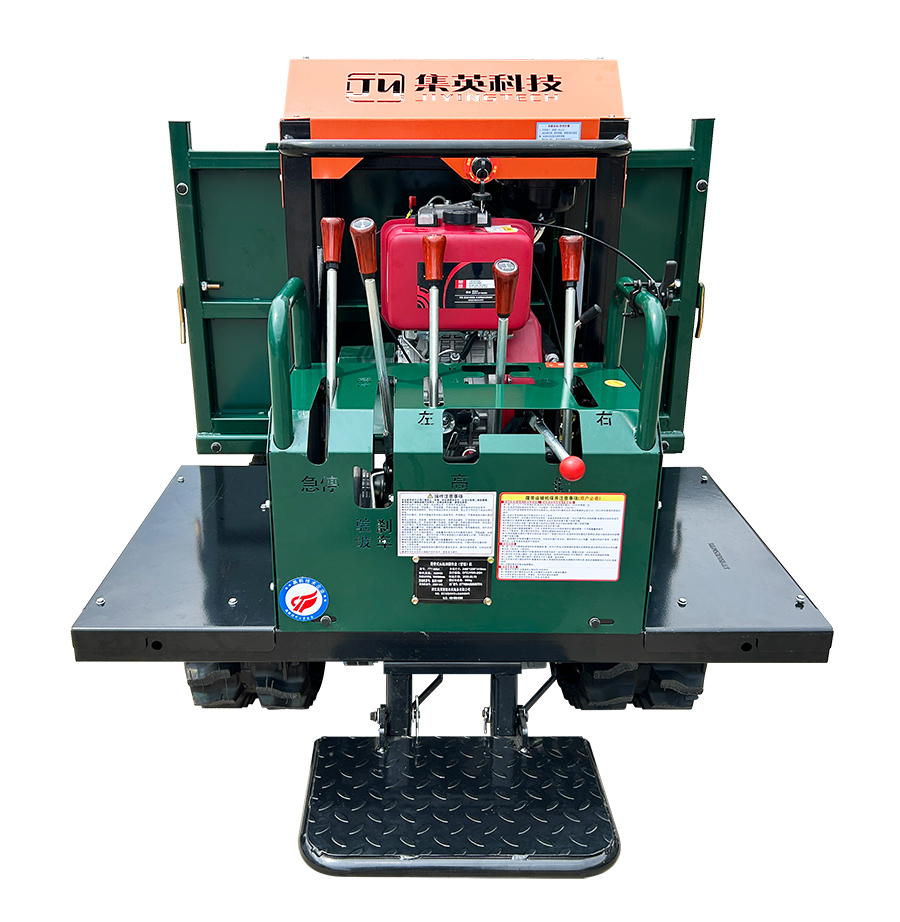 1100-8Hydraulic tipping demonstration on orange tracked dumper, mini crawler for orchard and construction use