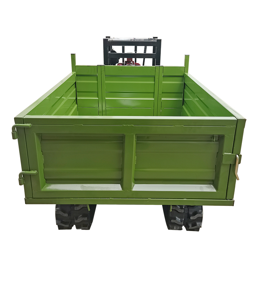 1000-5Tracked mini dumper with foldable bucket raised, hydraulic system for hilly farm transport