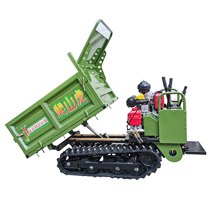 Red Climbing Tiger mini crawler dumper with rubber tracks, parked in factory yard, compact tracked transporter for hilly orchards and farms, China agricultural machinery.