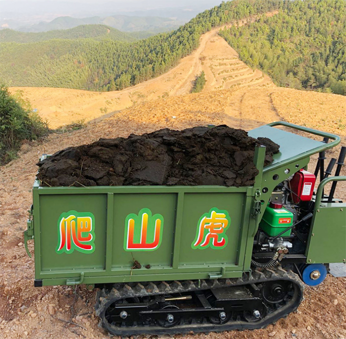 Bright yellow tracked dumper in self-unloading position, hydraulic tipper raised, rugged crawler transporter for hilly terrain agriculture, durable China-made farm equipment.